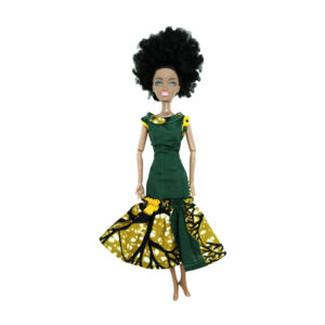 Green and yellow long Ankara style gown shoulder sleeves with head wrap