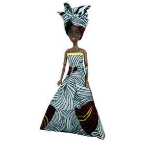 Black/Maroon/White long Life strapless gown with large head wrap